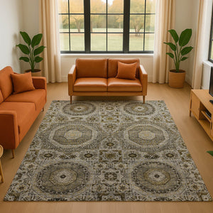 HomeRoots 9' X 12' Stylish Taupe Ivory Gold Medallion Area Rug - Washable, UV-Protected & Pet-Friendly! 708240