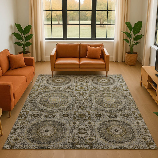 HomeRoots 9' X 12' Stylish Taupe Ivory Gold Medallion Area Rug - Washable, UV-Protected & Pet-Friendly! 708240