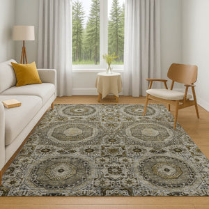 HomeRoots 9' X 12' Stylish Taupe Ivory Gold Medallion Area Rug - Washable, UV-Protected & Pet-Friendly! 708240