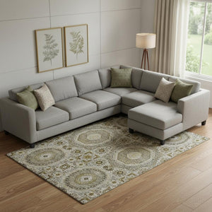 HomeRoots 10' X 14' Taupe Ivory & Gold Medallion Washable Area Rug - UV Protected, Soft, & Durable Design! 708241