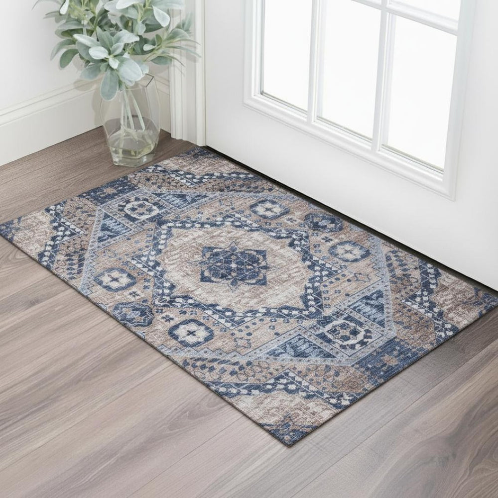 HomeRoots 5' X 8' Diamond Area Rug in Brown, Blue & Beige - Washable, UV-Protected, Stain-Resistant Comfort! 708243