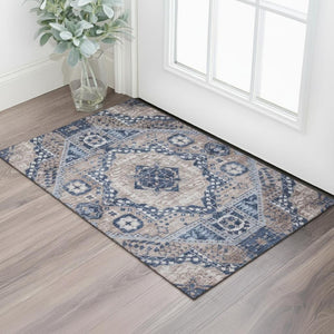 HomeRoots 5' X 8' Diamond Area Rug in Brown, Blue & Beige - Washable, UV-Protected, Stain-Resistant Comfort! 708243