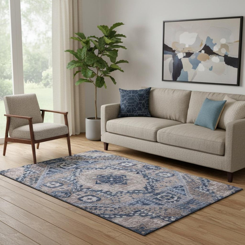 HomeRoots 8' Round Diamond Rug in Brown, Blue & Beige - Washable, UV-Protected, Stain-Resistant Design! 708244