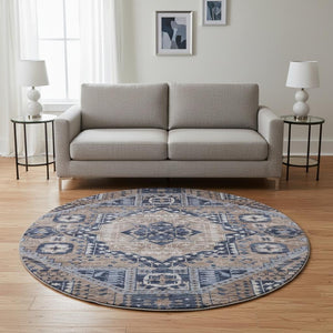 HomeRoots 8' X 10' Washable Area Rug in Brown, Blue & Beige - Durable, UV Protected, Perfect for Family Spaces! 708245