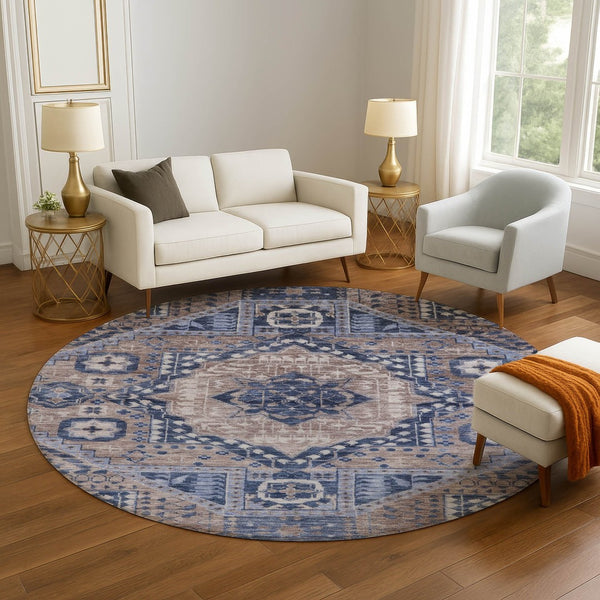 HomeRoots 8' X 10' Washable Area Rug in Brown, Blue & Beige - Durable, UV Protected, Perfect for Family Spaces! 708245