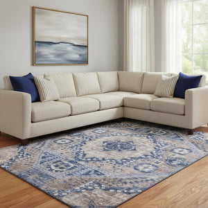 HomeRoots 9' X 12' Washable Area Rug in Brown, Blue & Beige Diamond Pattern – Durable UV-Protected Design! 708246