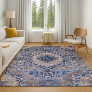 HomeRoots 9' X 12' Washable Area Rug in Brown, Blue & Beige Diamond Pattern – Durable UV-Protected Design! 708246