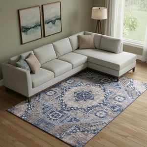 HomeRoots 10' Transitional Diamond Washable Area Rug in Brown, Blue & Beige - UV Protected & Durable Design 708247
