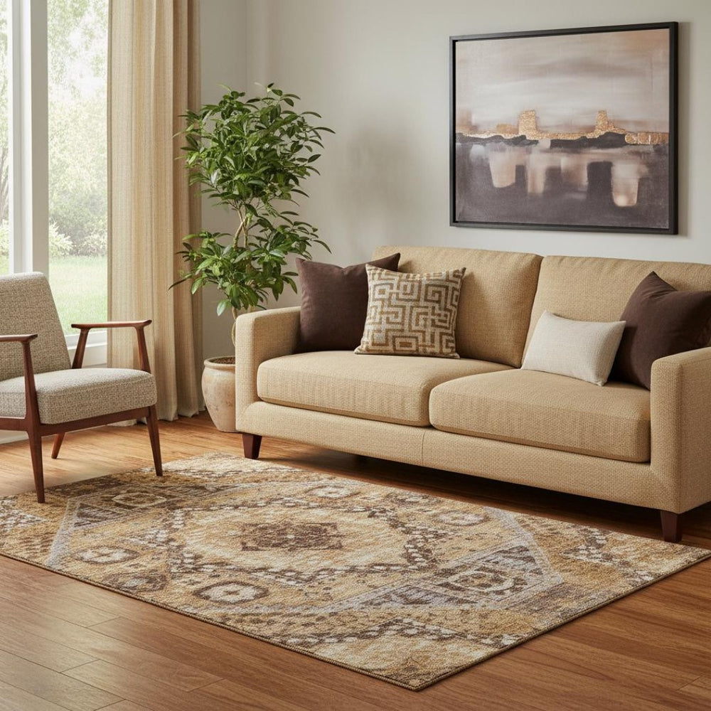 HomeRoots 8' Copper Beige and Gray Diamond Round Washable Rug - Stain-Resistant, UV Protected, Family Friendly! 708250
