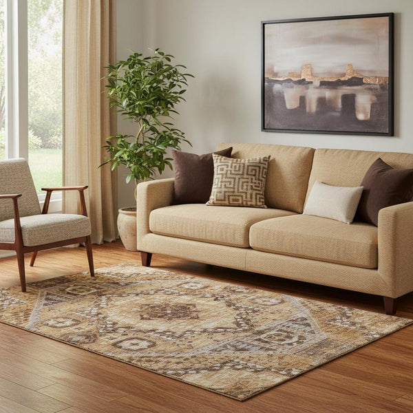 HomeRoots 8' Copper Beige and Gray Diamond Round Washable Rug - Stain-Resistant, UV Protected, Family Friendly! 708250