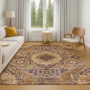 HomeRoots 8' Copper Beige and Gray Diamond Round Washable Rug - Stain-Resistant, UV Protected, Family Friendly! 708250