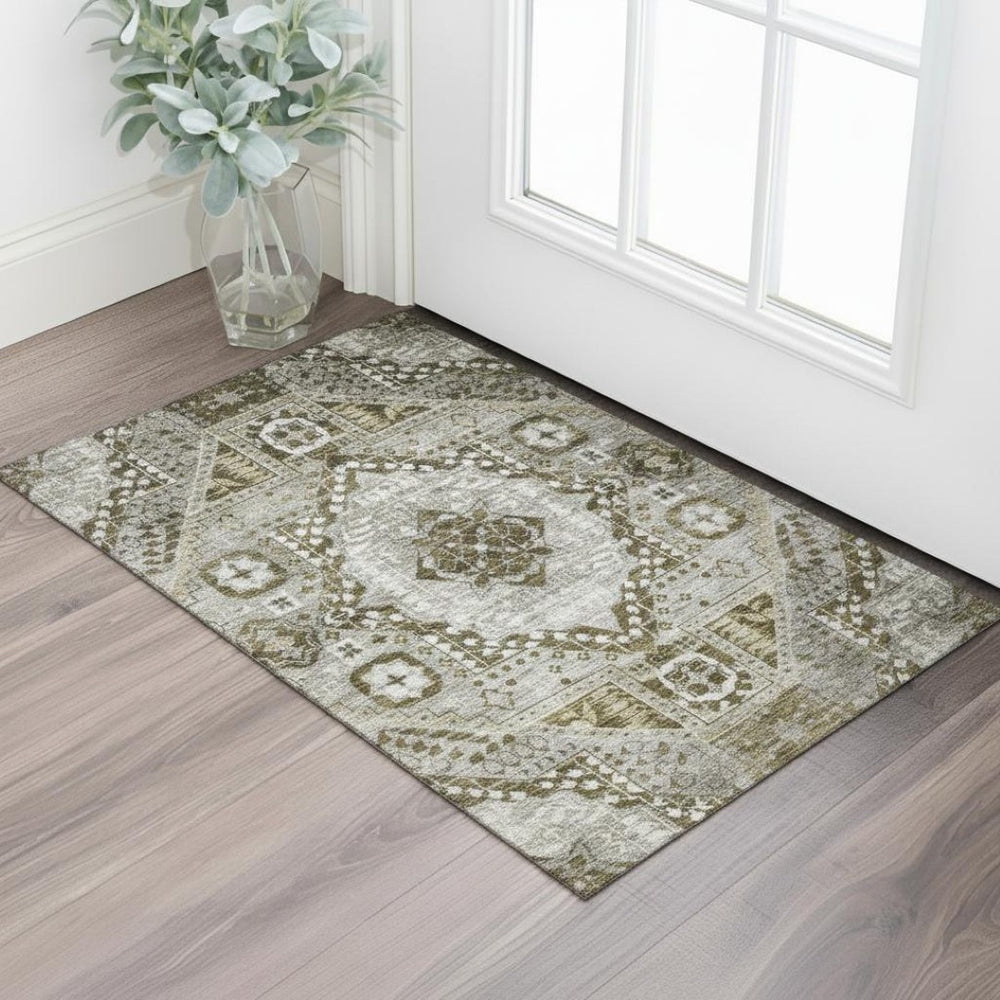 HomeRoots 5' X 8' Washable Khaki Ivory Brown Diamond Area Rug with UV Protection for Pets and Kids' Spaces 708255