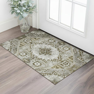 HomeRoots 5' X 8' Washable Khaki Ivory Brown Diamond Area Rug with UV Protection for Pets and Kids' Spaces 708255