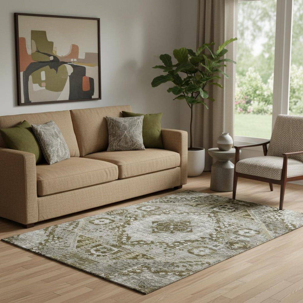 HomeRoots 8' Washable Round Rug in Khaki, Ivory & Brown - Durable Diamond Design with UV Protection & Easy Care 708256