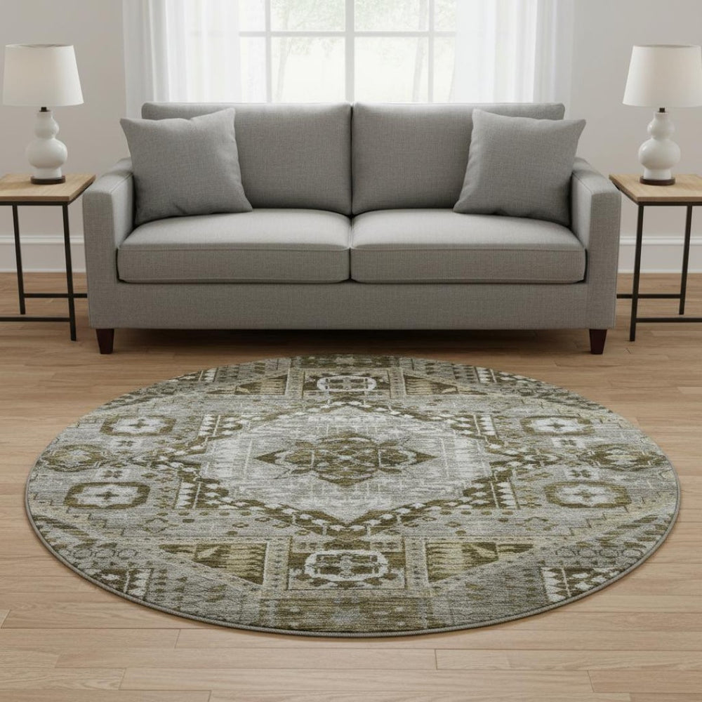 HomeRoots 8' X 10' Khaki Ivory Brown Diamond Area Rug - Durable, Washable, UV-Protected for High-Traffic Spaces 708257