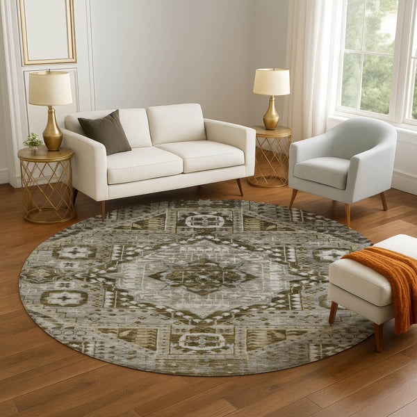 HomeRoots 8' X 10' Khaki Ivory Brown Diamond Area Rug - Durable, Washable, UV-Protected for High-Traffic Spaces 708257