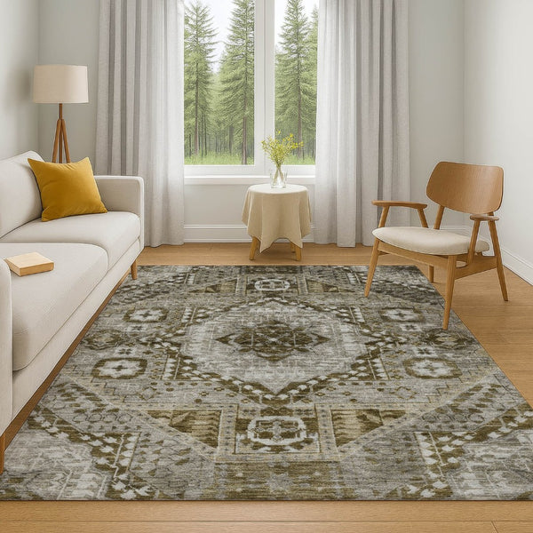 HomeRoots 9' X 12' Stylish Khaki Ivory Brown Diamond Area Rug - Durable, Washable, UV Resistant, Non-Slip 708258