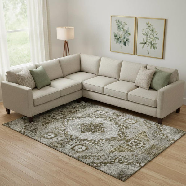 HomeRoots 10' Khaki Ivory & Brown Diamond Area Rug - Washable, UV Protected, Stain Resistant for High Traffic Homes 708259
