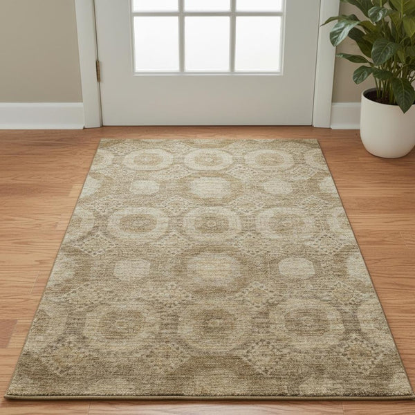 HomeRoots 5' X 8' Washable Brown And Beige Geometric Area Rug with UV Protection for Modern Homes & Pets 708273