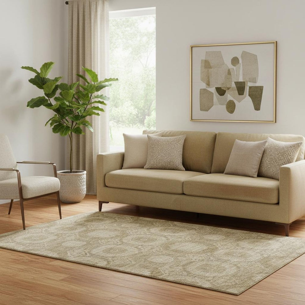HomeRoots 8' Brown and Beige Abstract Round Rug - Washable, UV-Protected, Durable for Active Homes & Pets 708274