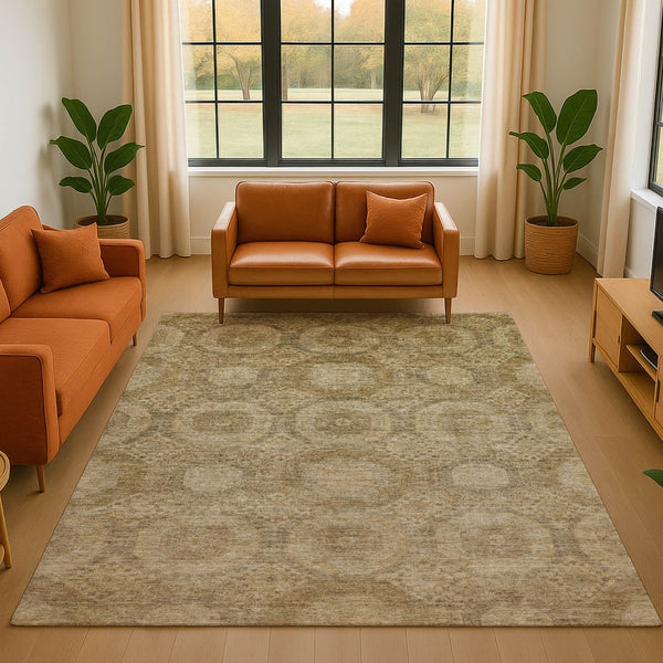 HomeRoots 10' Brown and Beige Abstract Geometric Area Rug - Washable, UV Protected, Non-Slip, Durable Design 708277