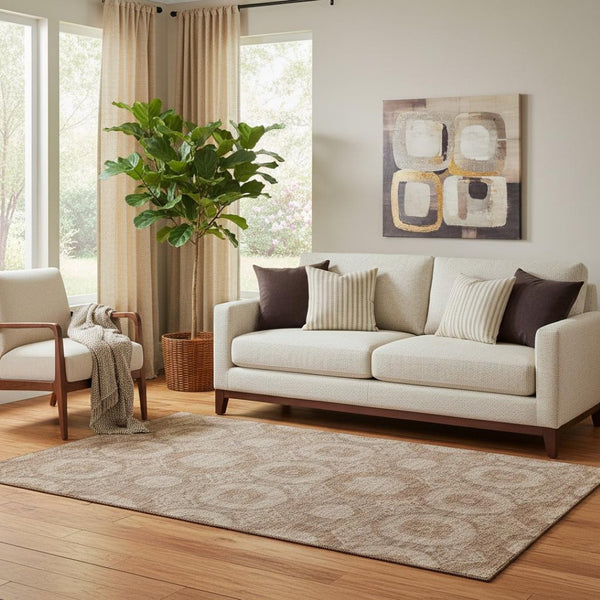 HomeRoots 8' Copper And Beige Abstract Geometric Washable Round Rug - Durable, Stain Resistant & UV Protected 708280