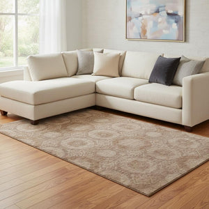 HomeRoots 9' X 12' Copper and Beige Abstract Geometric Area Rug - Washable, UV Protected, Soft Polyester Comfort 708282