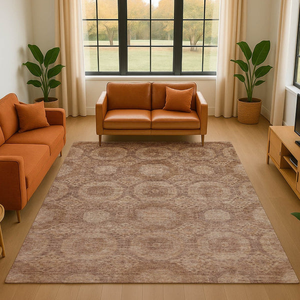 HomeRoots 9' X 12' Copper and Beige Abstract Geometric Area Rug - Washable, UV Protected, Soft Polyester Comfort 708282