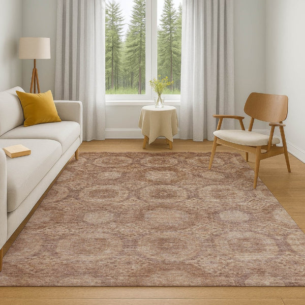 HomeRoots 9' X 12' Copper and Beige Abstract Geometric Area Rug - Washable, UV Protected, Soft Polyester Comfort 708282