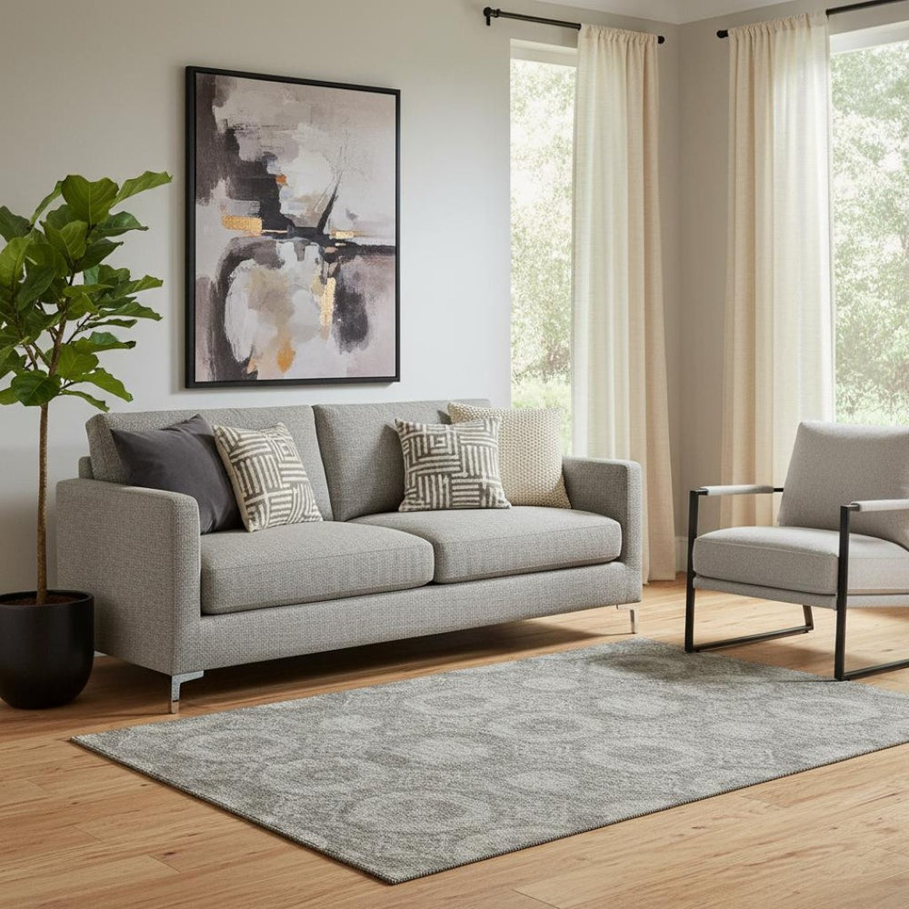 HomeRoots 8' Contemporary Pewter and Gray Abstract Round Washable Rug - Durable, Stylish, and UV-Protected! 708286