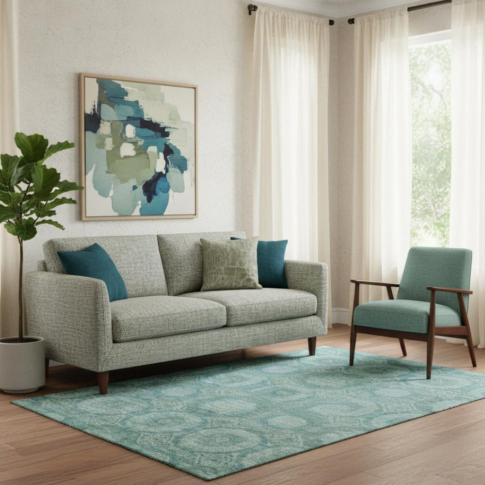 HomeRoots 8' Teal and Aqua Abstract Geometric Round Rug - Washable, UV-Protected, Stain-Resistant Design! 708292