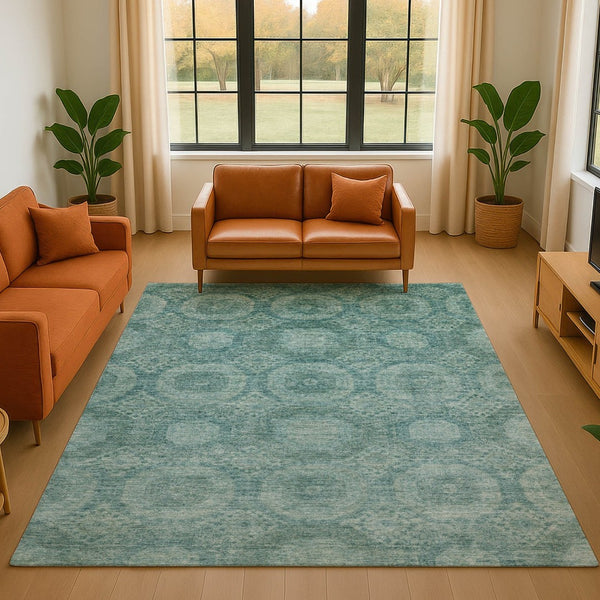 HomeRoots 8' Teal and Aqua Abstract Geometric Round Rug - Washable, UV-Protected, Stain-Resistant Design! 708292