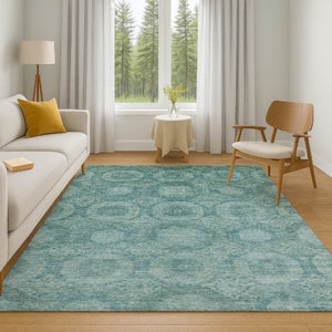 HomeRoots 8' Teal and Aqua Abstract Geometric Round Rug - Washable, UV-Protected, Stain-Resistant Design! 708292