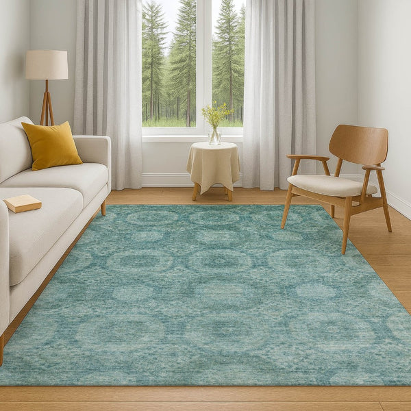 HomeRoots 8' Teal and Aqua Abstract Geometric Round Rug - Washable, UV-Protected, Stain-Resistant Design! 708292