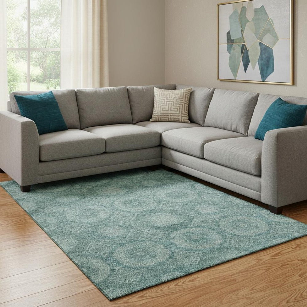 HomeRoots 9' X 12' Teal & Aqua Abstract Geometric Washable Rug - Durable, UV-Protected, Kid & Pet Friendly! 708294