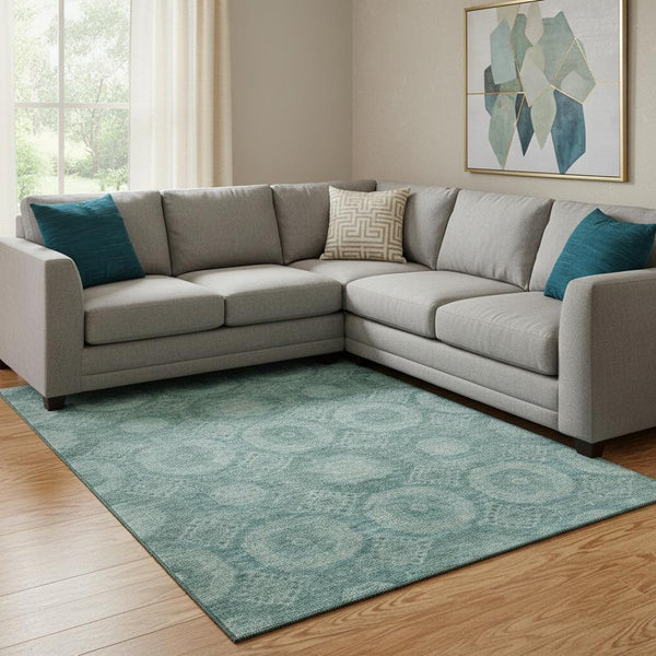 HomeRoots 9' X 12' Teal & Aqua Abstract Geometric Washable Rug - Durable, UV-Protected, Kid & Pet Friendly! 708294