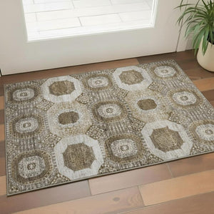 HomeRoots 5' Abstract Geometric Washable Area Rug in Brown, Beige & Taupe with UV Protection for Modern Homes 708297