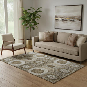 HomeRoots 8' Round Washable Rug in Brown, Beige & Taupe - Modern Geometric Design with UV Protection & Durability 708298