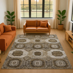 HomeRoots 8' Round Washable Rug in Brown, Beige & Taupe - Modern Geometric Design with UV Protection & Durability 708298