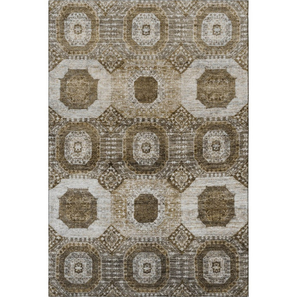 HomeRoots 8' Round Washable Rug in Brown, Beige & Taupe - Modern Geometric Design with UV Protection & Durability 708298