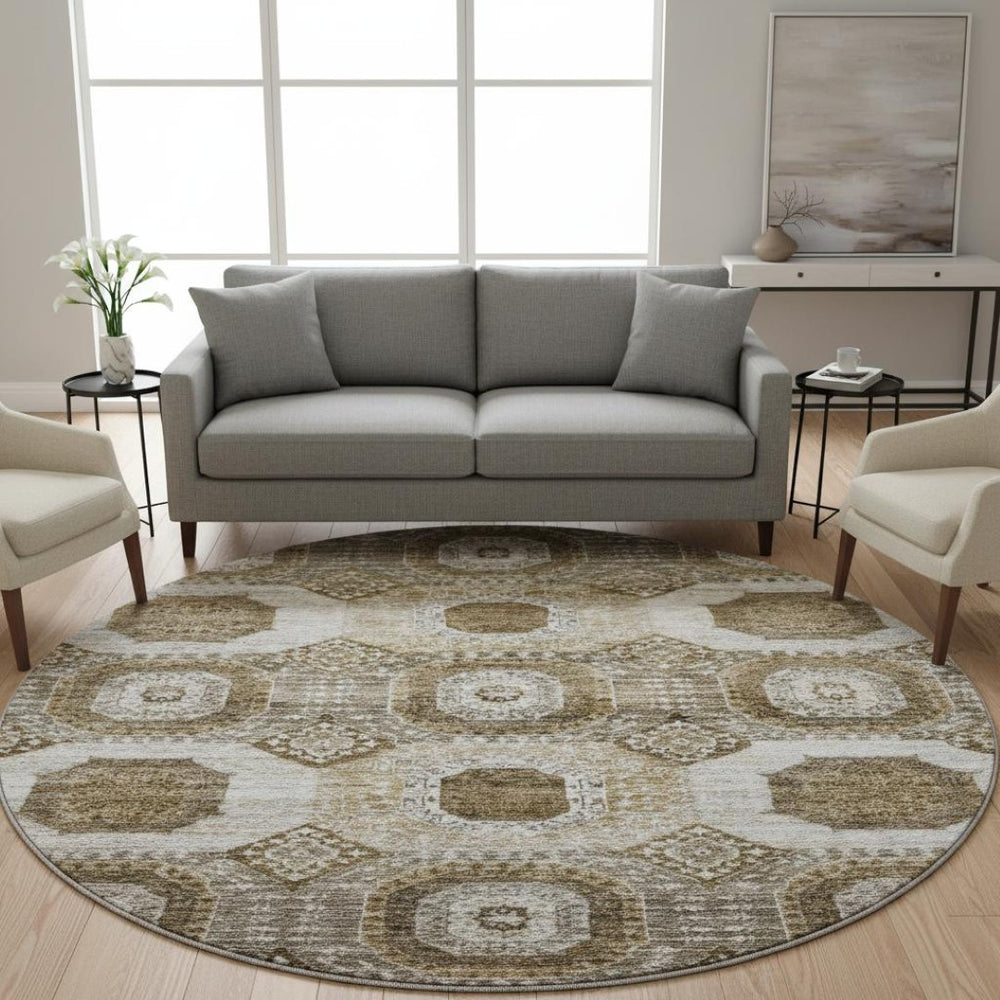 HomeRoots 8' Geometric Washable Area Rug in Brown, Beige & Taupe - Durable, Stain Resistant, UV Protected! 708299