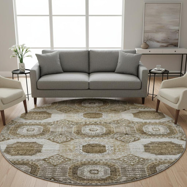 HomeRoots 8' Geometric Washable Area Rug in Brown, Beige & Taupe - Durable, Stain Resistant, UV Protected! 708299