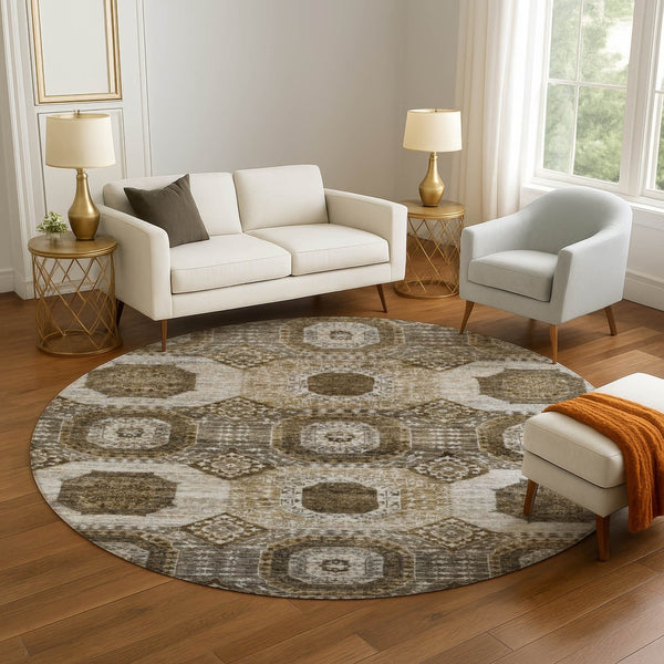 HomeRoots 8' Geometric Washable Area Rug in Brown, Beige & Taupe - Durable, Stain Resistant, UV Protected! 708299