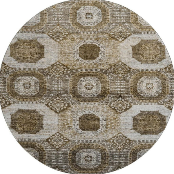 HomeRoots 8' Geometric Washable Area Rug in Brown, Beige & Taupe - Durable, Stain Resistant, UV Protected! 708299