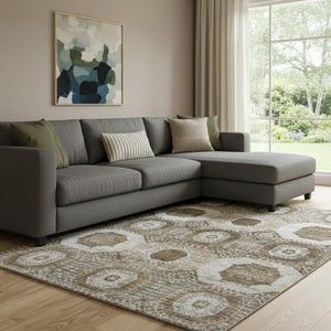 HomeRoots 9' X 12' Washable Area Rug – Abstract Geometric Design in Brown, Beige & Taupe with UV Protection 708300