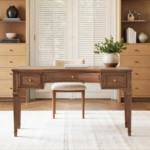 English Elm Dauphin Rubberwood Executive Desk with Soft Close Drawers and Satin Gold Hardware B2719P468876
