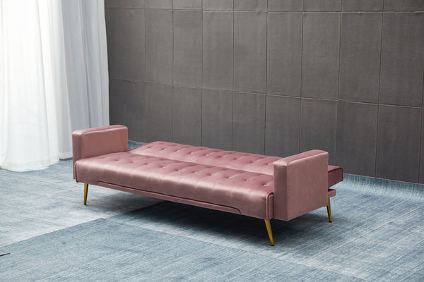 English Elm Sofa Bed Velvet Upholstered Convertible with Gold Metal Legs for Studio Spaces Rose B205P246428
