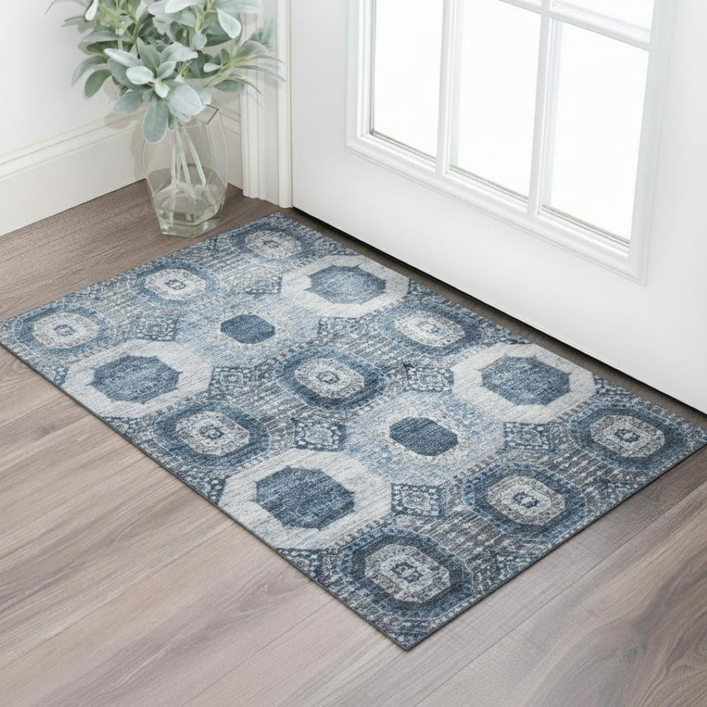 HomeRoots 5' X 8' Blue and Ivory Abstract Geometric Area Rug - Washable, UV Protected, Soft, and Stylish! 708303