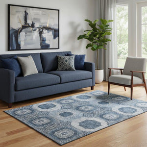 HomeRoots 8' Blue And Ivory Abstract Geometric Round Rug - Washable, Stain-Resistant, UV-Protected Design 708304