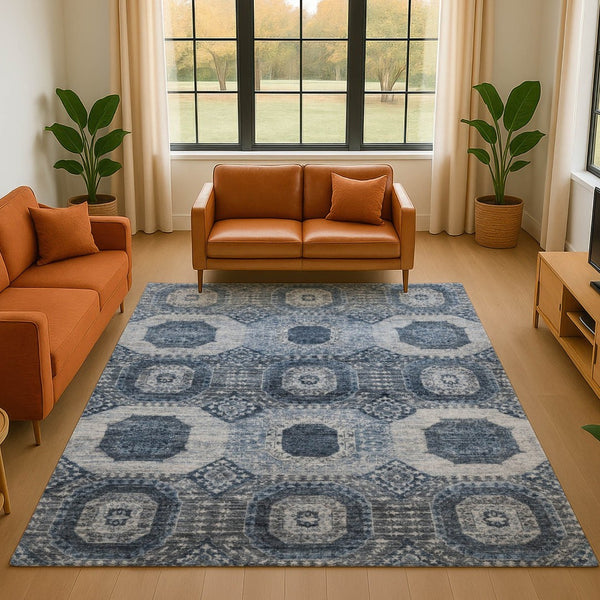 HomeRoots 8' Blue And Ivory Abstract Geometric Round Rug - Washable, Stain-Resistant, UV-Protected Design 708304
